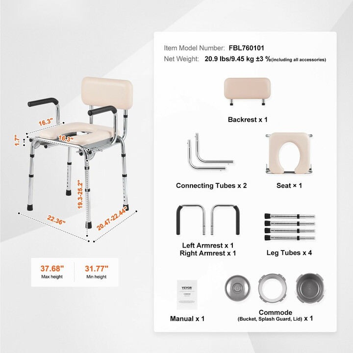 Säädettävä WC-tuoli selkänojalla ja pehmustetulla istuimella, teräsrunko, 7-portainen korkeussäätö, 158,8 kg kantavuus