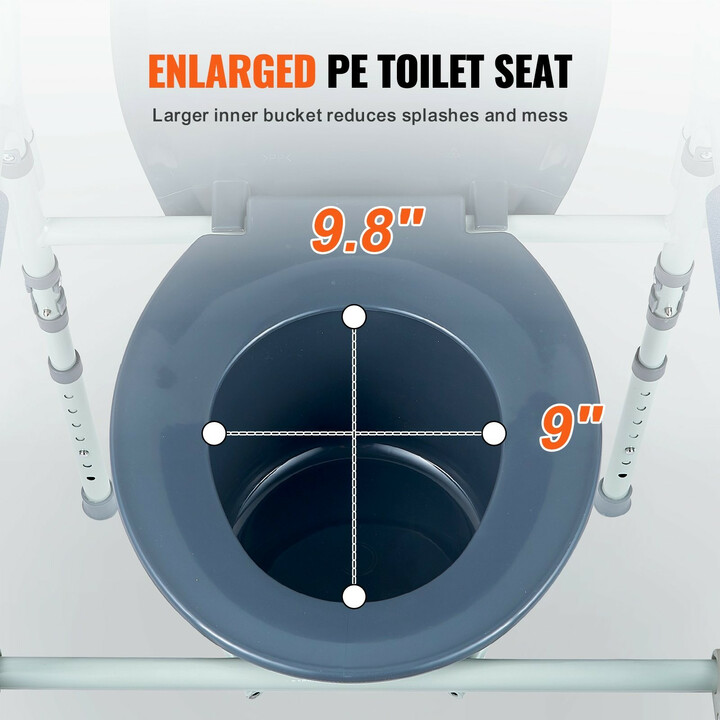 Säädettävä wc-tuoli FBL710007, 7-portainen, leveä istuin, teräsrunko, 5,8 l irrotettava ämpäri, kantavuus 158,8 kg