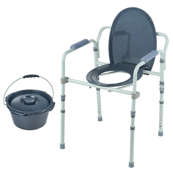 Säädettävä wc-tuoli FBL710007, 7-portainen, leveä istuin, teräsrunko, 5,8 l irrotettava ämpäri, kantavuus 158,8 kg