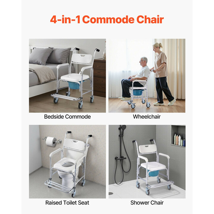Wc-tuoli pyörillä 4-in-1, yöpöydän wc-tuoli, pyörätuoli, korotettu wc-istuin ja suihkutuoli, kantavuus 159 kg