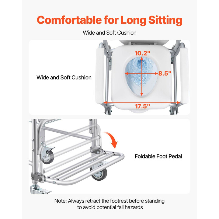 Wc-tuoli pyörillä 4-in-1, yöpöydän wc-tuoli, pyörätuoli, korotettu wc-istuin ja suihkutuoli, kantavuus 159 kg