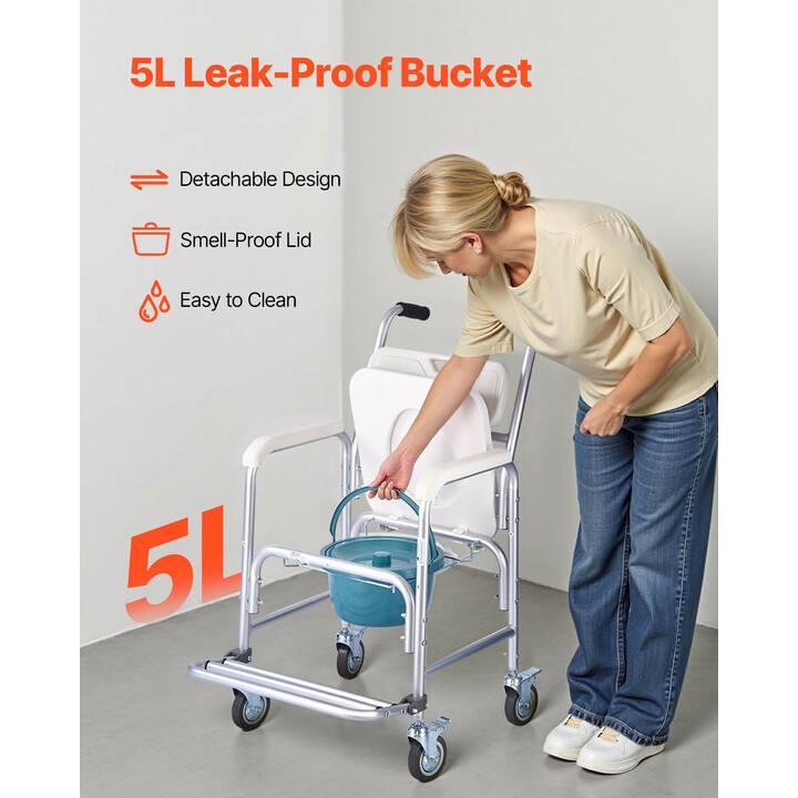 Wc-tuoli pyörillä 4-in-1, yöpöydän wc-tuoli, pyörätuoli, korotettu wc-istuin ja suihkutuoli, kantavuus 159 kg