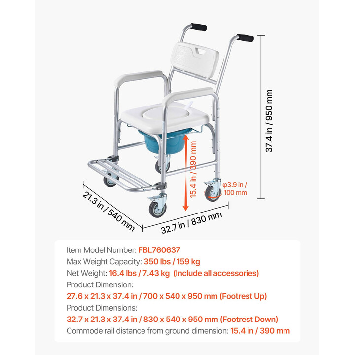Wc-tuoli pyörillä 4-in-1, yöpöydän wc-tuoli, pyörätuoli, korotettu wc-istuin ja suihkutuoli, kantavuus 159 kg