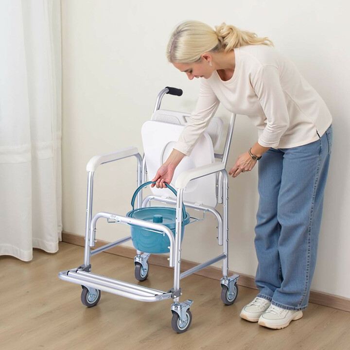 Wc-tuoli pyörillä 4-in-1, yöpöydän wc-tuoli, pyörätuoli, korotettu wc-istuin ja suihkutuoli, kantavuus 159 kg