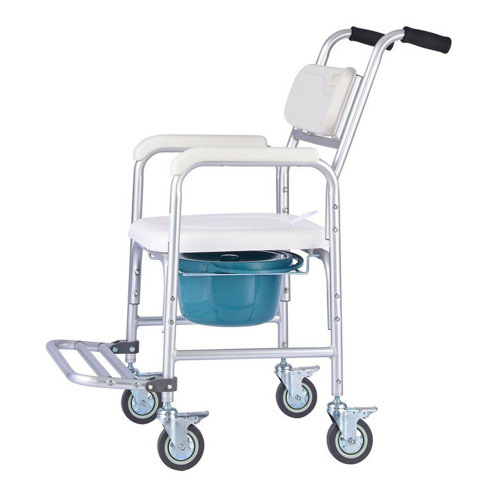 Wc-tuoli pyörillä 4-in-1, yöpöydän wc-tuoli, pyörätuoli, korotettu wc-istuin ja suihkutuoli, kantavuus 159 kg