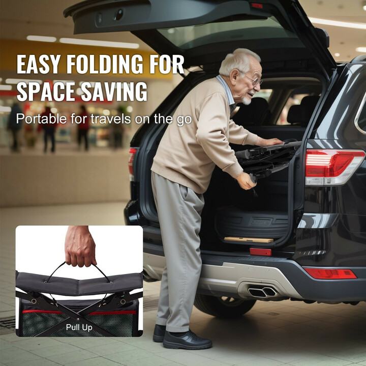 Alumiininen rollaattori FBL427112, musta, säädettävä kahvakorkeus, istuin ja säilytyslaukku, kantavuus 136 kg