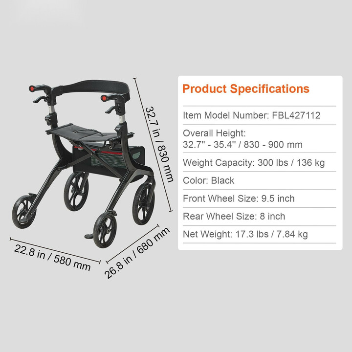 Alumiininen rollaattori FBL427112, musta, säädettävä kahvakorkeus, istuin ja säilytyslaukku, kantavuus 136 kg