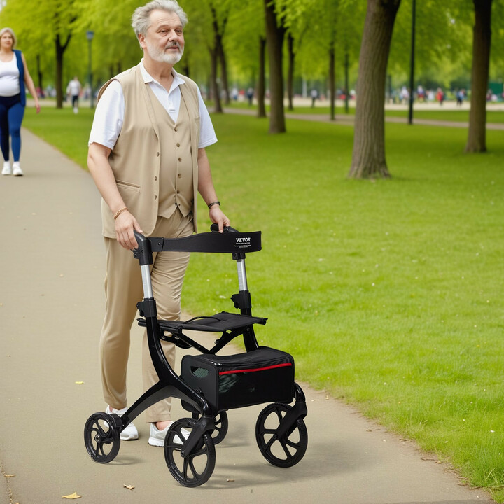 Alumiininen rollaattori FBL427112, musta, säädettävä kahvakorkeus, istuin ja säilytyslaukku, kantavuus 136 kg