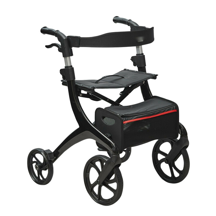 Alumiininen rollaattori FBL427112, musta, säädettävä kahvakorkeus, istuin ja säilytyslaukku, kantavuus 136 kg