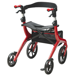 Vikbar fyrhjulig rollator FBL427112 aluminiumram sittplats och förvaringsväska röd svart 136 kg
