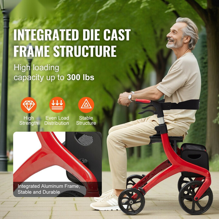 Taittuva nelipyöräinen rollaattori FBL427112, alumiinirunko, istuin ja säilytyslaukku, punainen-musta, 136 kg