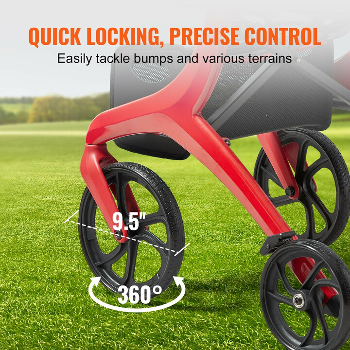 Taittuva nelipyöräinen rollaattori FBL427112, alumiinirunko, istuin ja säilytyslaukku, punainen-musta, 136 kg