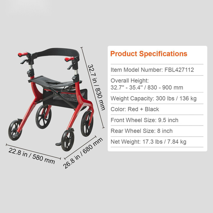 Taittuva nelipyöräinen rollaattori FBL427112, alumiinirunko, istuin ja säilytyslaukku, punainen-musta, 136 kg