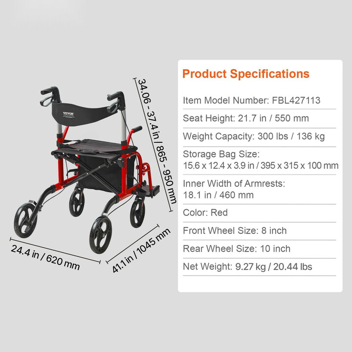 Rullaattori ja kuljetustuoli 2 in 1 FBL427113 punainen, alumiinirunko, 136 kg kantavuus