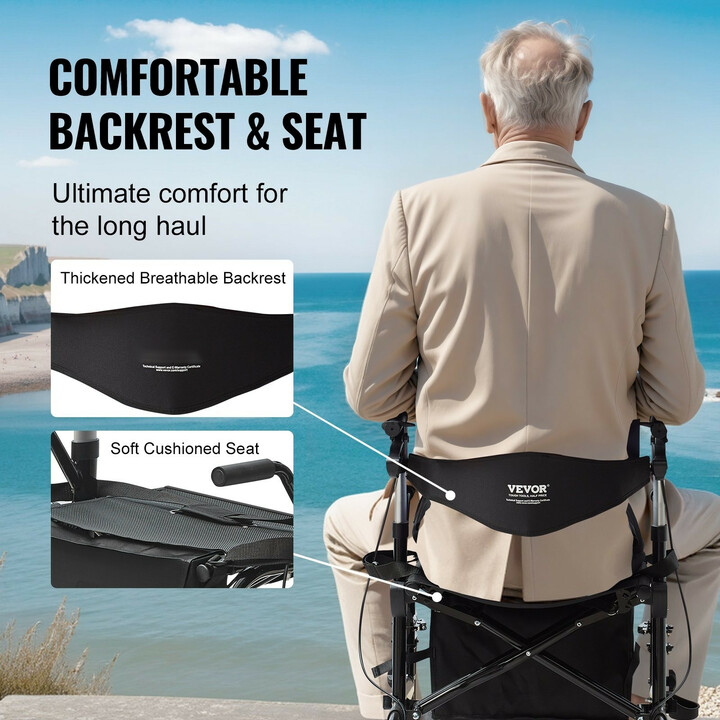 2-in-1 rollaattori ja kuljetustuoli, taitettava, alumiinia, kantavuus 136 kg, musta