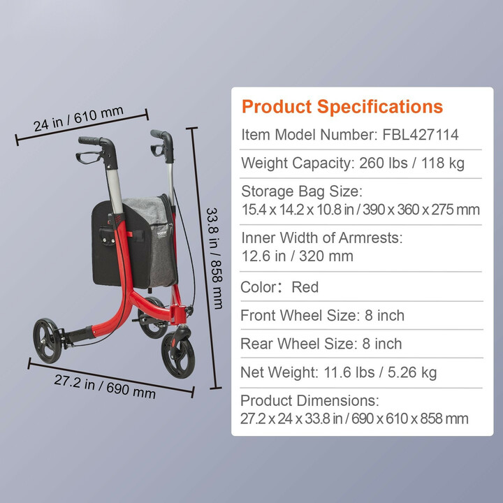 Kolmipyöräinen rollaattori FBL427114, alumiini, säädettävä kahvakorkeus, punainen