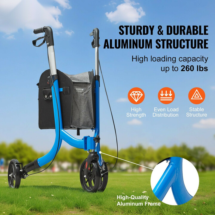 Kolmipyöräinen taitettava rollaattori, säädettävä kahva, 8" renkaat, sininen, kantavuus 118 kg