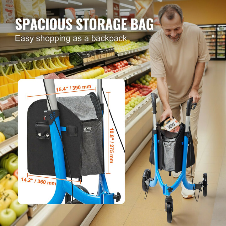 Kolmipyöräinen taitettava rollaattori, säädettävä kahva, 8" renkaat, sininen, kantavuus 118 kg