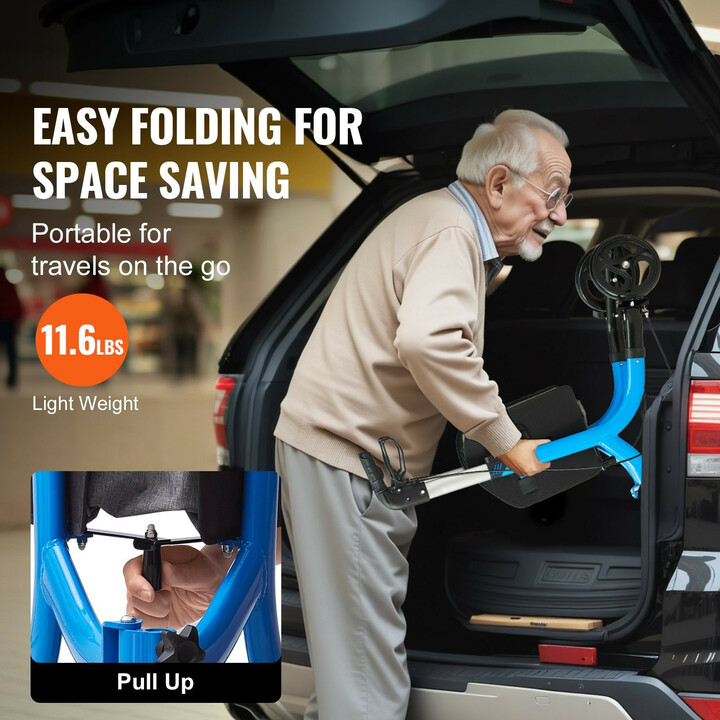 Kolmipyöräinen taitettava rollaattori, säädettävä kahva, 8" renkaat, sininen, kantavuus 118 kg