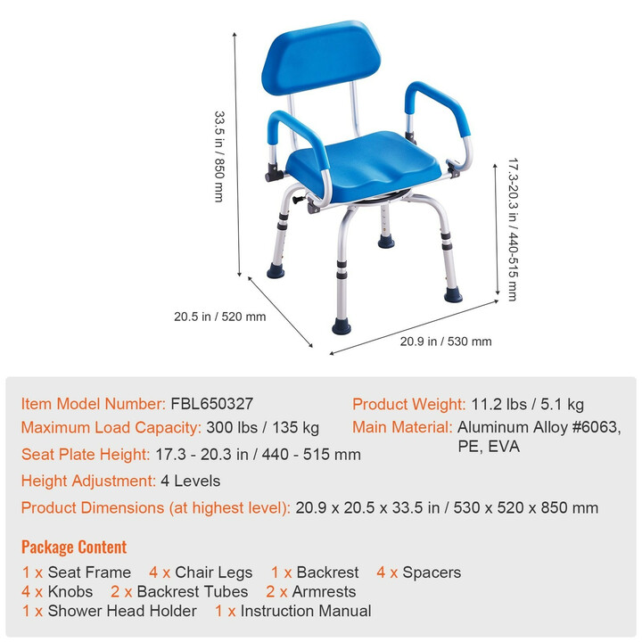Kääntyvä suihkutuoli 360°, pehmustettu istuin ja selkänoja, säädettävä korkeus, liukuestetassut, enint. 135 kg