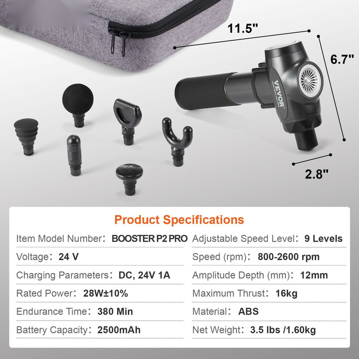 BOOSTER P2 PRO lihashuoltovasara 9 nopeutta 6 hierontapäätä 24V 2500mAh akku urheilijoille