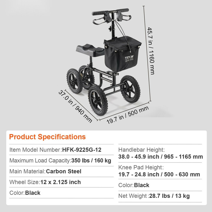 Taittuva polviskootteri HFK-9225G-12, 12” ilmakumirenkaat, musta, teräs, kantavuus 160 kg