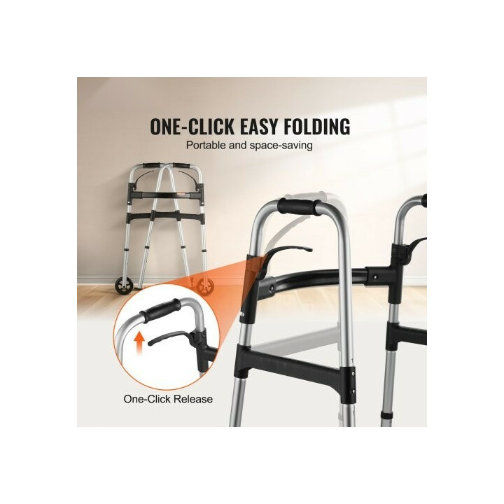 Taittuva kävelyteline etupyörillä, säädettävä korkeus 775–955 mm, alumiinia, kantavuus 350 lb, malli FBL825309