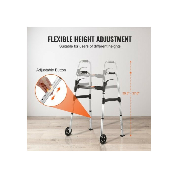 Taittuva kävelyteline etupyörillä, säädettävä korkeus 775–955 mm, alumiinia, kantavuus 350 lb, malli FBL825309