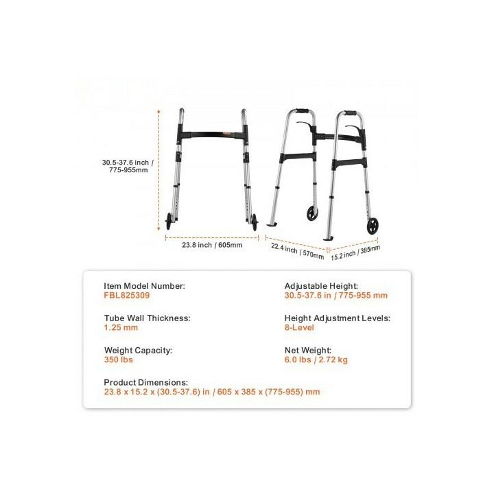Taittuva kävelyteline etupyörillä, säädettävä korkeus 775–955 mm, alumiinia, kantavuus 350 lb, malli FBL825309