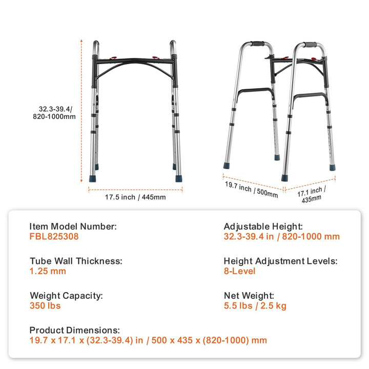 Taittuva kävelyteline, 2-painikkeinen, 8-portainen korkeudensäätö 820–1000 mm, kevyt alumiini, kantavuus 160 kg
