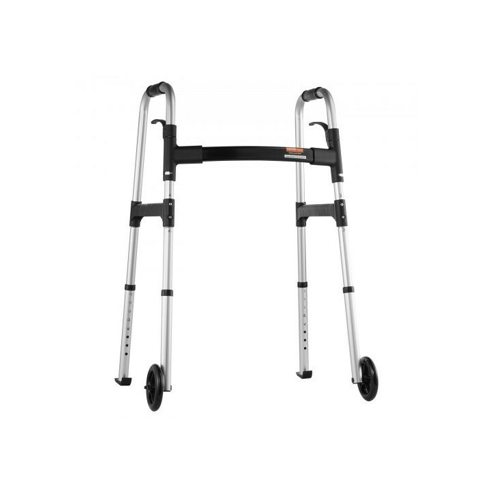 Taittuva kävelyteline etupyörillä, säädettävä korkeus 775–955 mm, alumiinia, kantavuus 350 lb, malli FBL825309