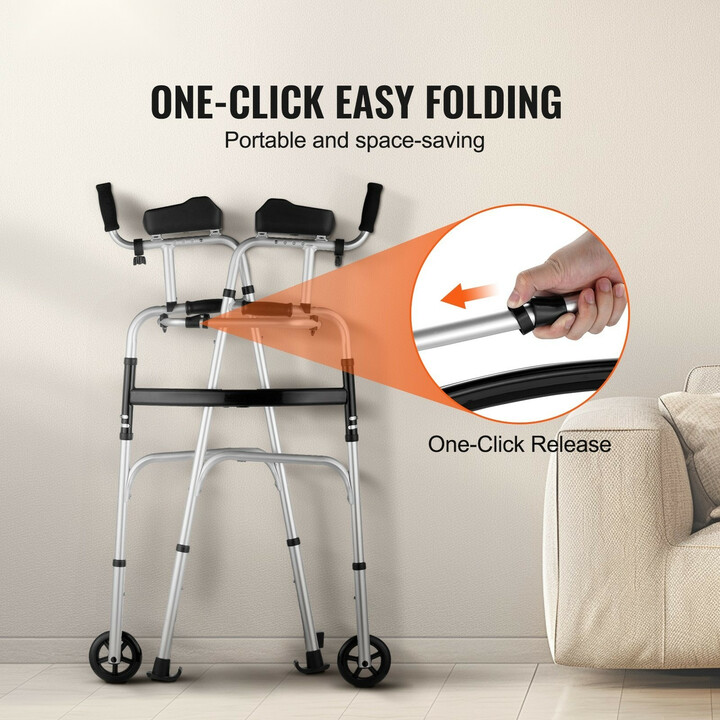 Taitettava kävelyteline etupyörillä ja irrotettavilla käsituilla, korkeussäädettävä alumiinirunko, kantavuus 450 lb