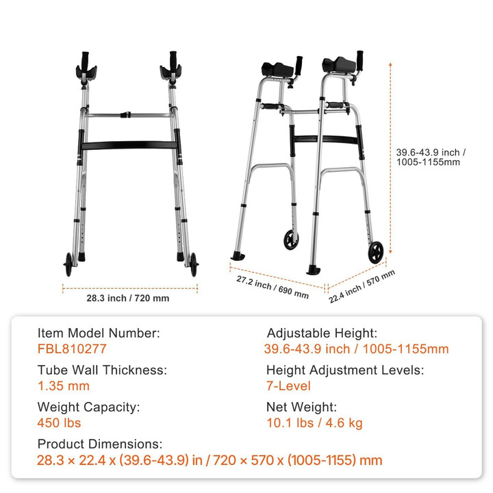 Taitettava kävelyteline etupyörillä ja irrotettavilla käsituilla, korkeussäädettävä alumiinirunko, kantavuus 450 lb