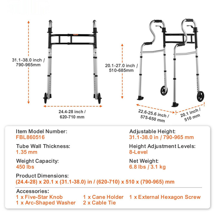Taitettava kävelyteline etupyörillä, säädettävä korkeus ja leveys, alumiinirunko, kantavuus 204 kg