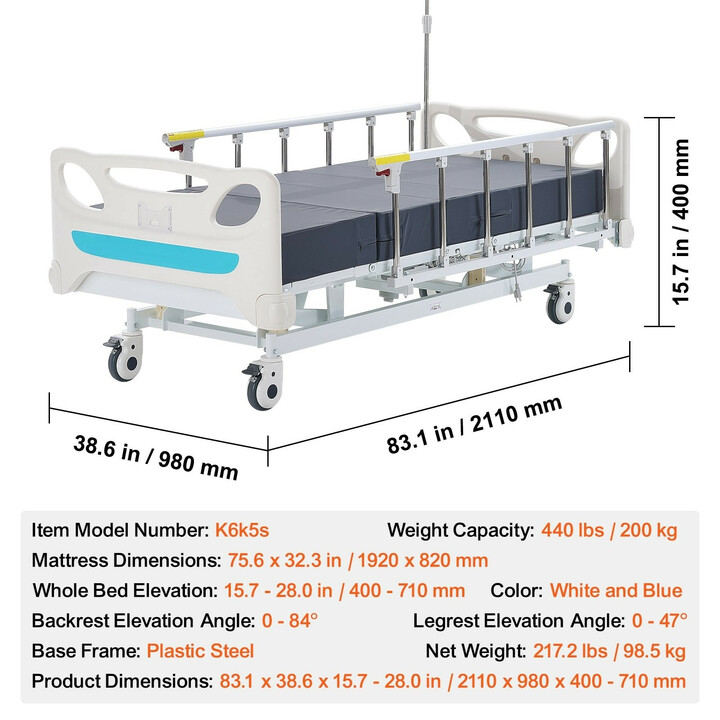 Täyssähköinen 3-toimintoinen sairaalasänky ICU-hoitosänky 200 kg kantavuus valkoinen/sininen