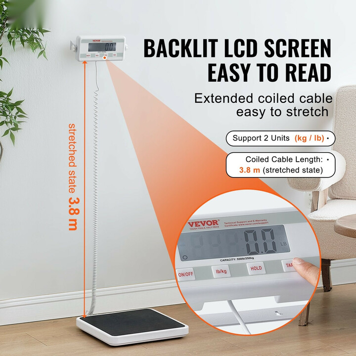 Ammattitason digitaalinen lääkärivaaka SF-891, max 250 kg, kg/lb, hold- ja tare-toiminnot, liukumaton alusta, ruostumaton teräs