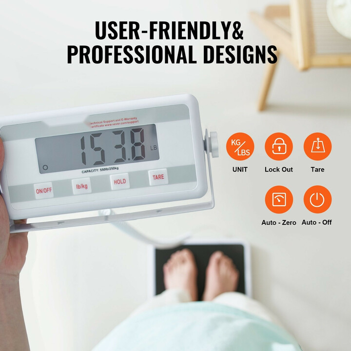 Ammattitason digitaalinen lääkärivaaka SF-891, max 250 kg, kg/lb, hold- ja tare-toiminnot, liukumaton alusta, ruostumaton teräs