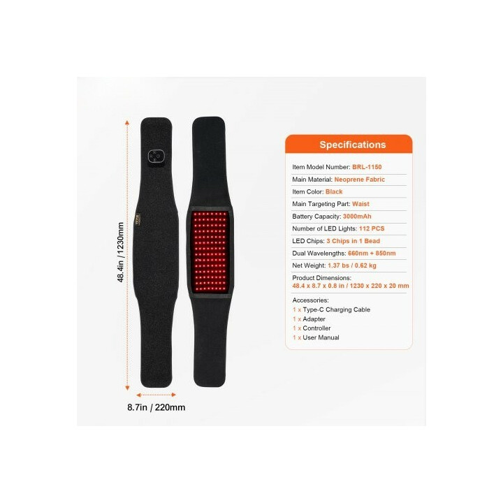 Punavalovyö vyötärölle 660nm + 850nm, 112 LED, tärinä, ajastin, langaton BRL-1150