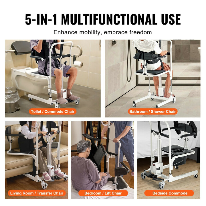 Sähköinen siirto- ja nostotuoli XFL-QX-YW03, 5-in-1 suihku- ja wc-tuoli, siirtopyörätuoli, nostovyö, 220 lbs kantavuus