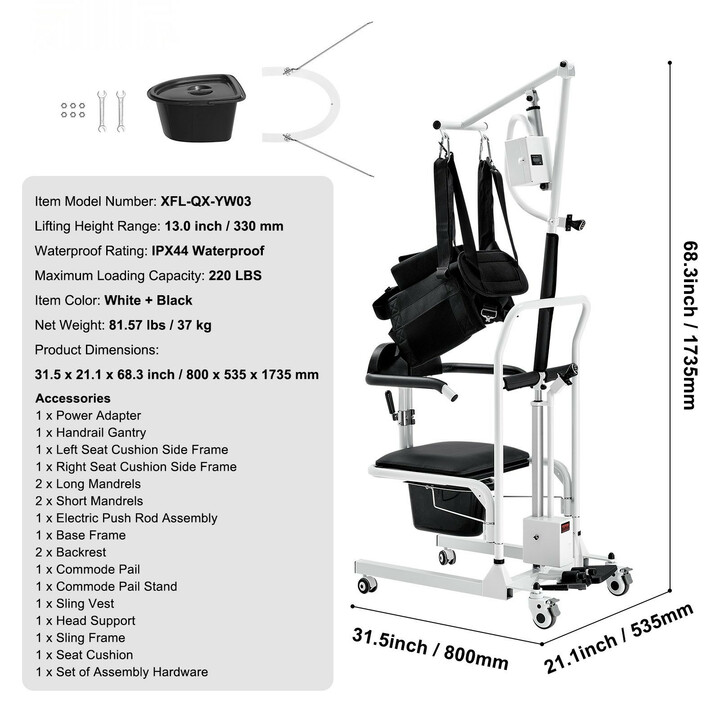 Sähköinen siirto- ja nostotuoli XFL-QX-YW03, 5-in-1 suihku- ja wc-tuoli, siirtopyörätuoli, nostovyö, 220 lbs kantavuus