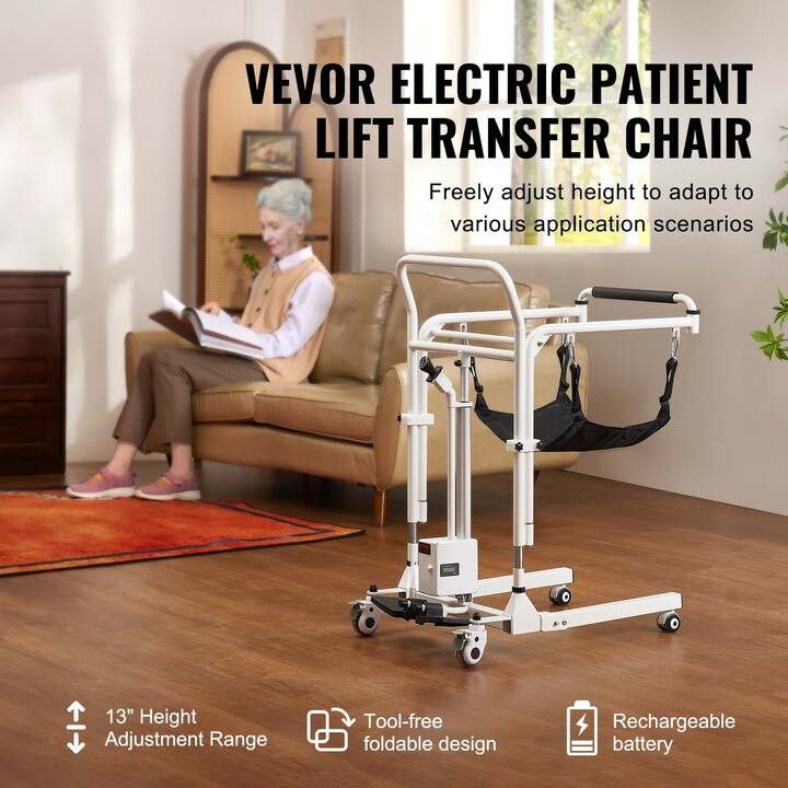 Sähkökäyttöinen potilasnostin- ja siirtotuoli, wc- ja suihkutuoli, taitettava, IPX44, 220 lbs kantavuus, valkoinen/musta