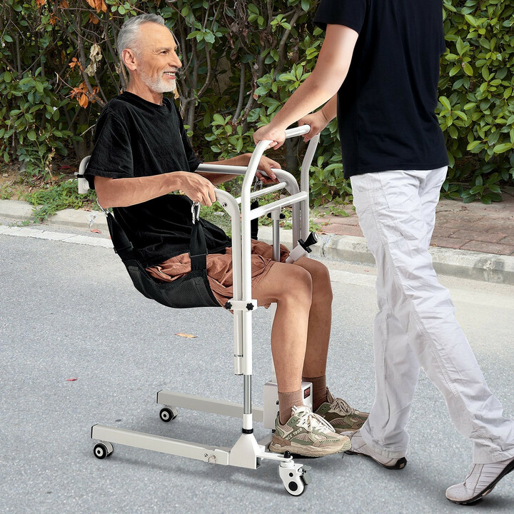 Sähkökäyttöinen potilasnostin- ja siirtotuoli, wc- ja suihkutuoli, taitettava, IPX44, 220 lbs kantavuus, valkoinen/musta