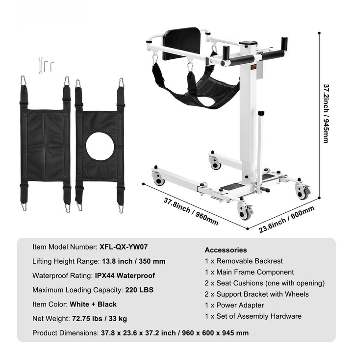 Sähköinen potilasnostin ja siirtotuoli, taittuva, IPX44, max 100 kg, valkoinen/musta, XFL-QX-YW07