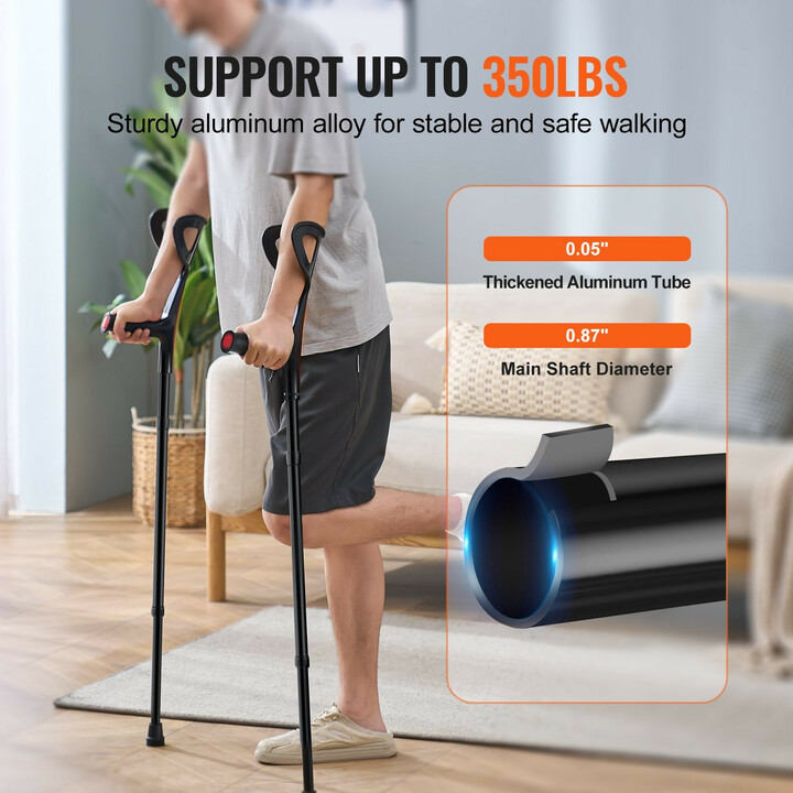 Säädettävät kyynärsauvat aikuisille, taittuvat, alumiinia, avoin mansetti, max 350 kg, 1 pari