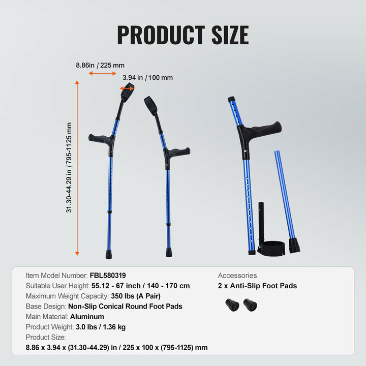 Kyynärsauvat aikuisille, 11-portainen korkeussäätö, 4-portainen yläkäsituen säätö, alumiini, 1 pari