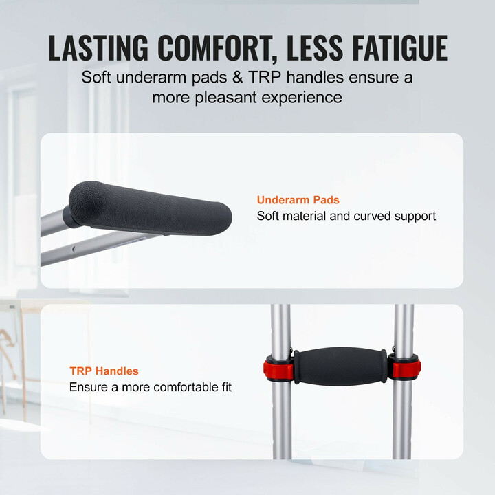 Säädettävät kainalosauvat aikuisille ja nuorille, alumiini, pehmeä kainalotuki, 13-portainen säätö, 1 pari