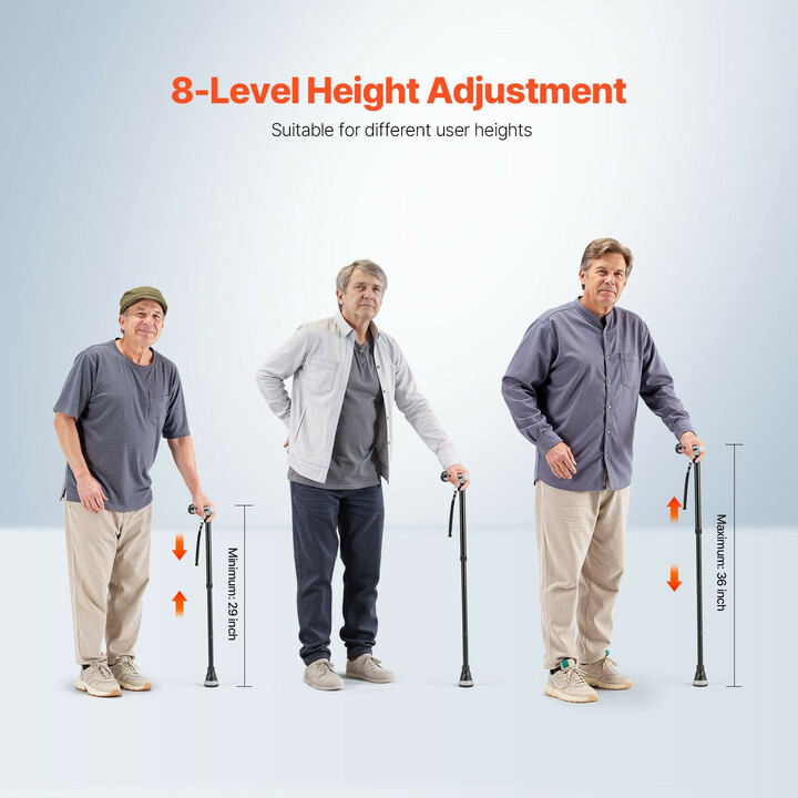 Taittuva kävelykeppi GB-818, säädettävä korkeus 735–915 mm, alumiinia, luistamaton kumikärki, kantokyky 113 kg, musta