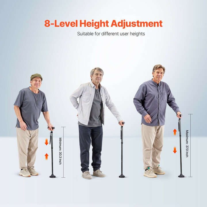 Taittuva kävelykeppi 4-haaraisella jalustalla, 8-portainen säätö, alumiinia, enimmäiskuormitus 113 kg, musta