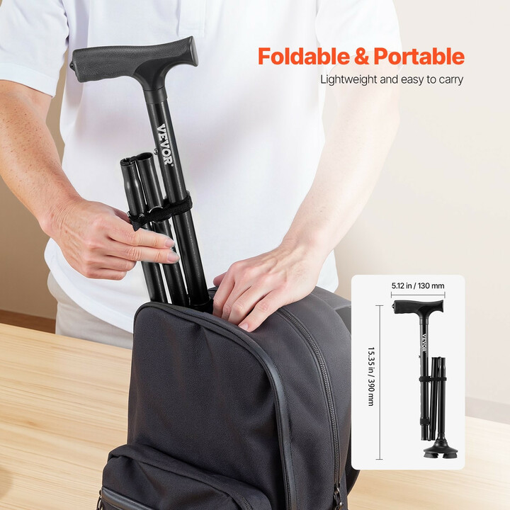 Taittuva kävelykeppi 4-haaraisella jalustalla, 8-portainen säätö, alumiinia, enimmäiskuormitus 113 kg, musta