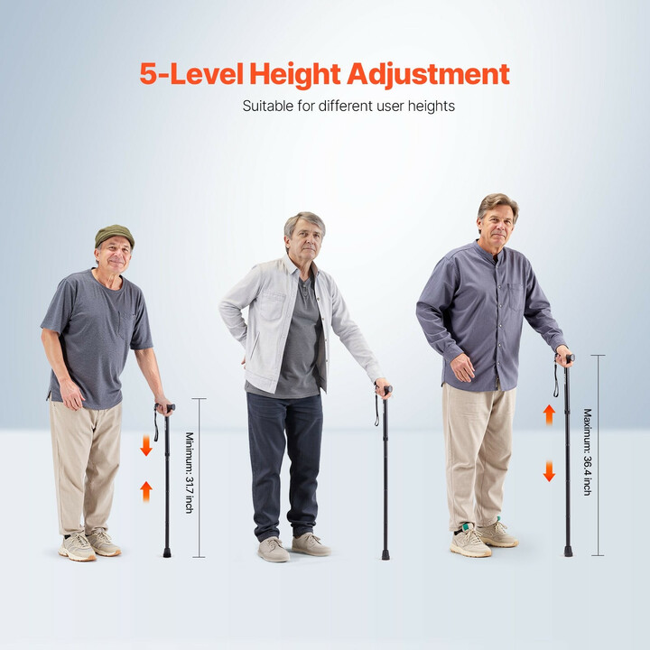 Kokoontaitettava kävelykeppi GB-817, säädettävä 5-tasoinen korkeus, liukuestokärki, alumiinia, max 100 kg, musta